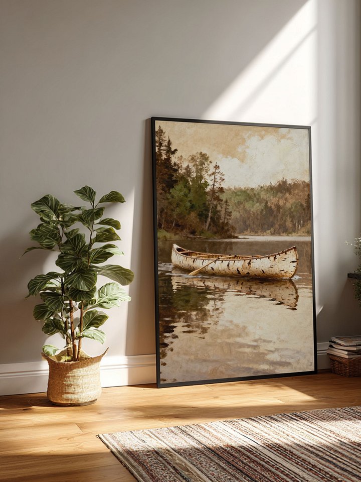 Canoes on the River Wall Art Printable | Native Inspired Digital Download | Reflective Water & Forest Landscape | 5 Sizes + PDF product image (2)