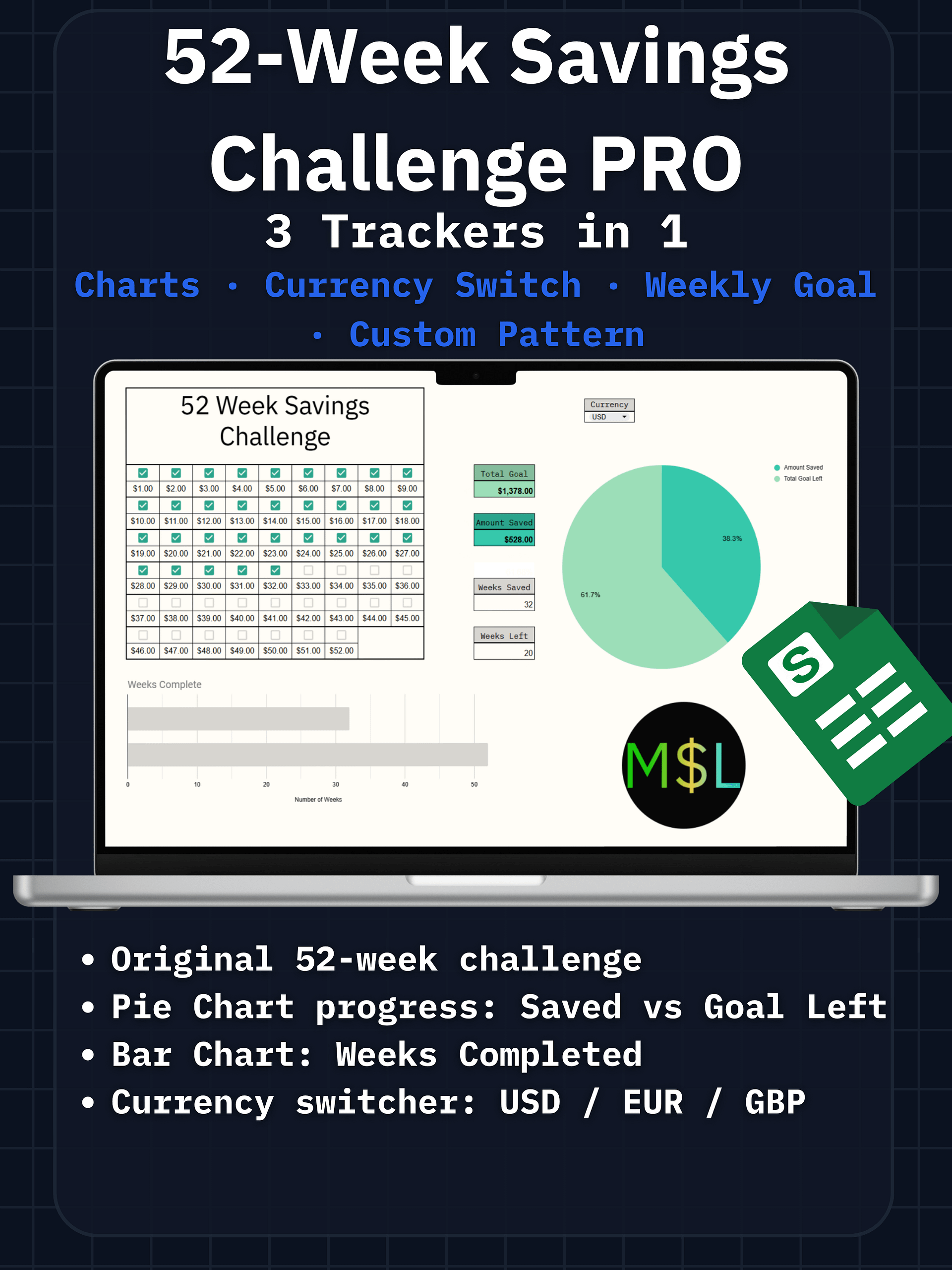 52-Week Savings Challenge PRO (3 Trackers in 1) product image (1)