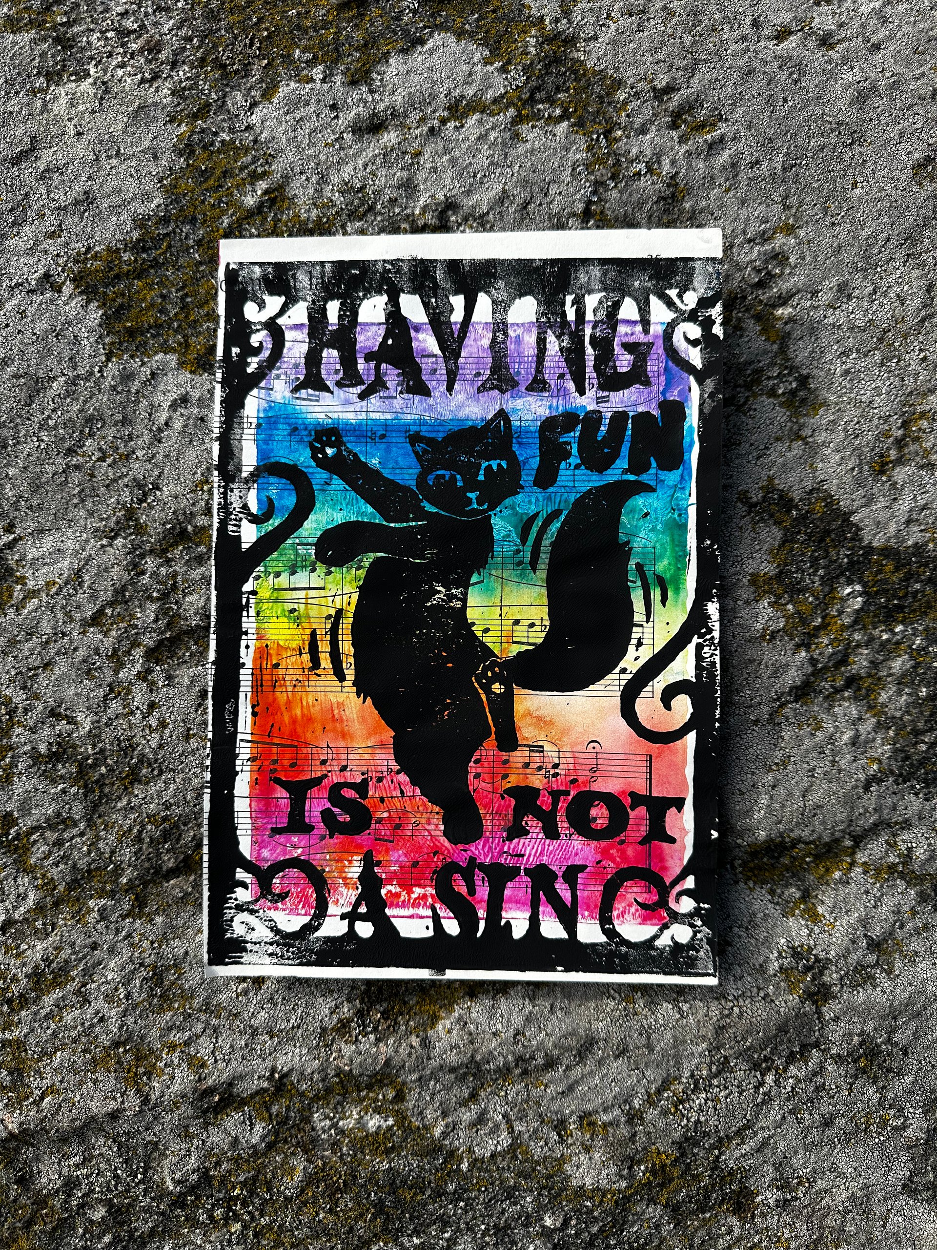 HAVING FUN IS NOT A SIN dancing cat original lino print (1) product image (1)