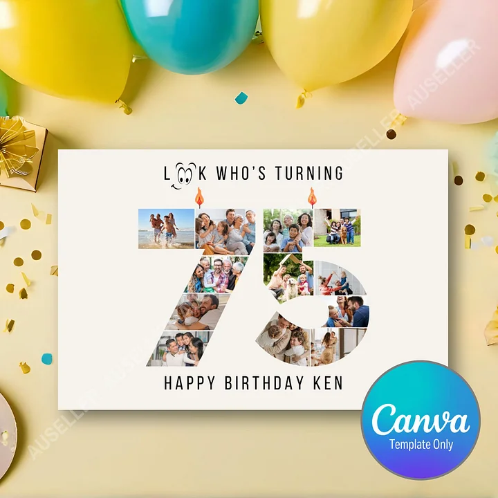 75th Birthday Number Photo Card Canva Template product image (1)