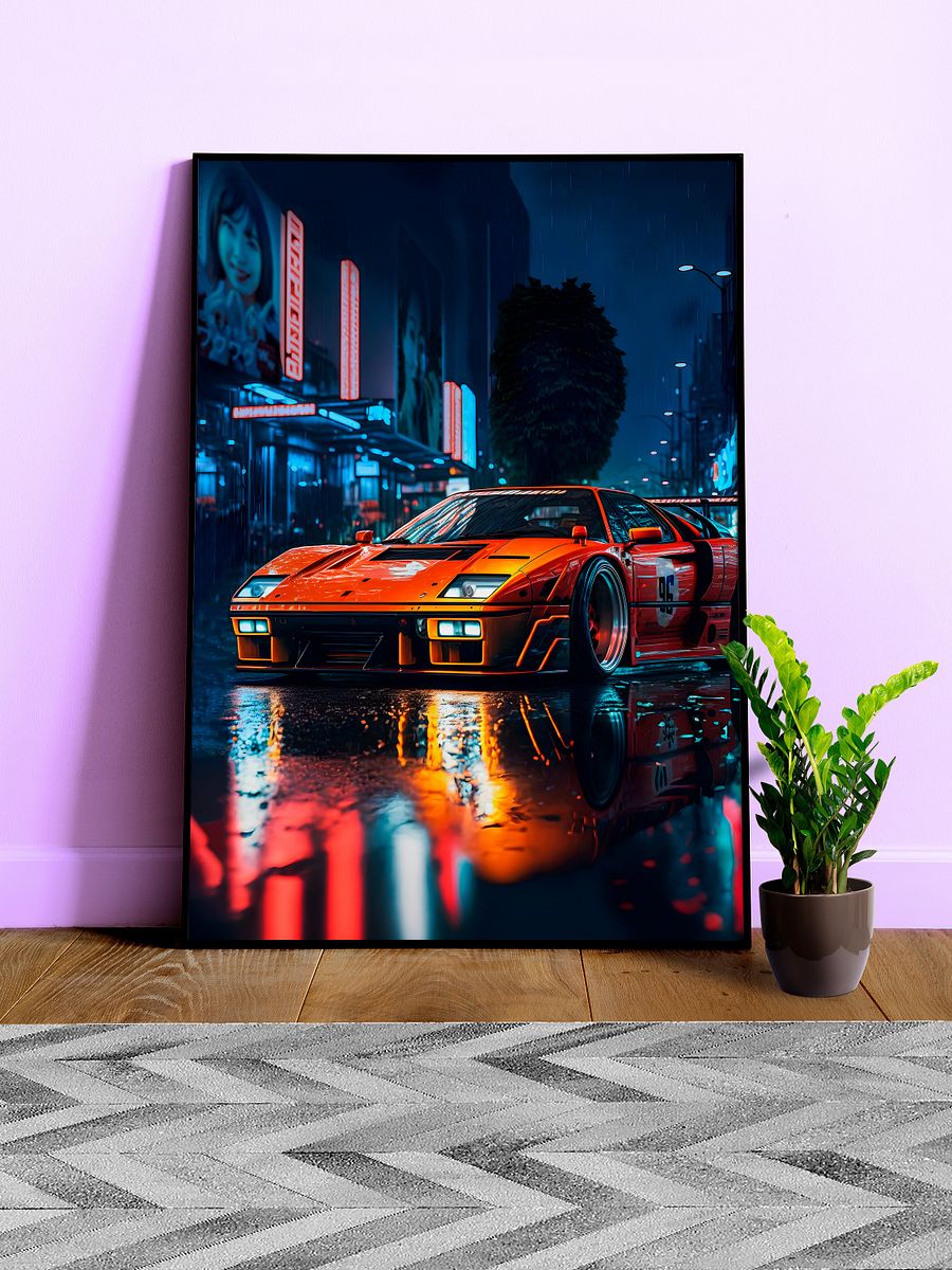 Ferrari, Retrowave classic sports car in Tokyo city [synthwave/vaporwave/cyberpunk] — aesthetic art print product image (1)