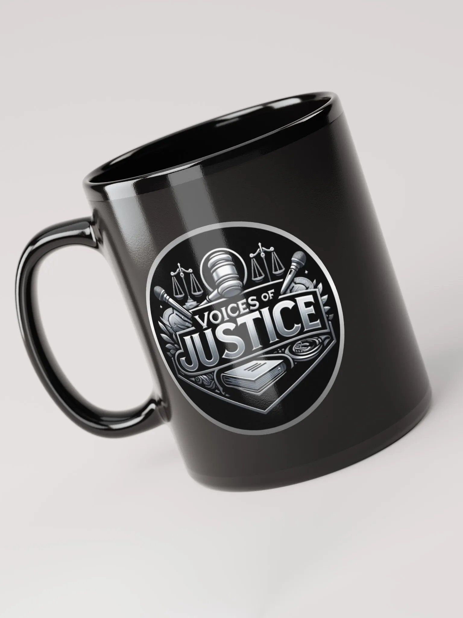 Voices of Justice Emblem Black Glossy Mug product image (3)
