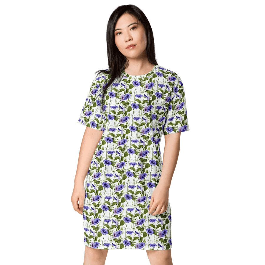 Woman Floral White Seamless T-Shirt Dress | Morning Glory Flower product image (4)