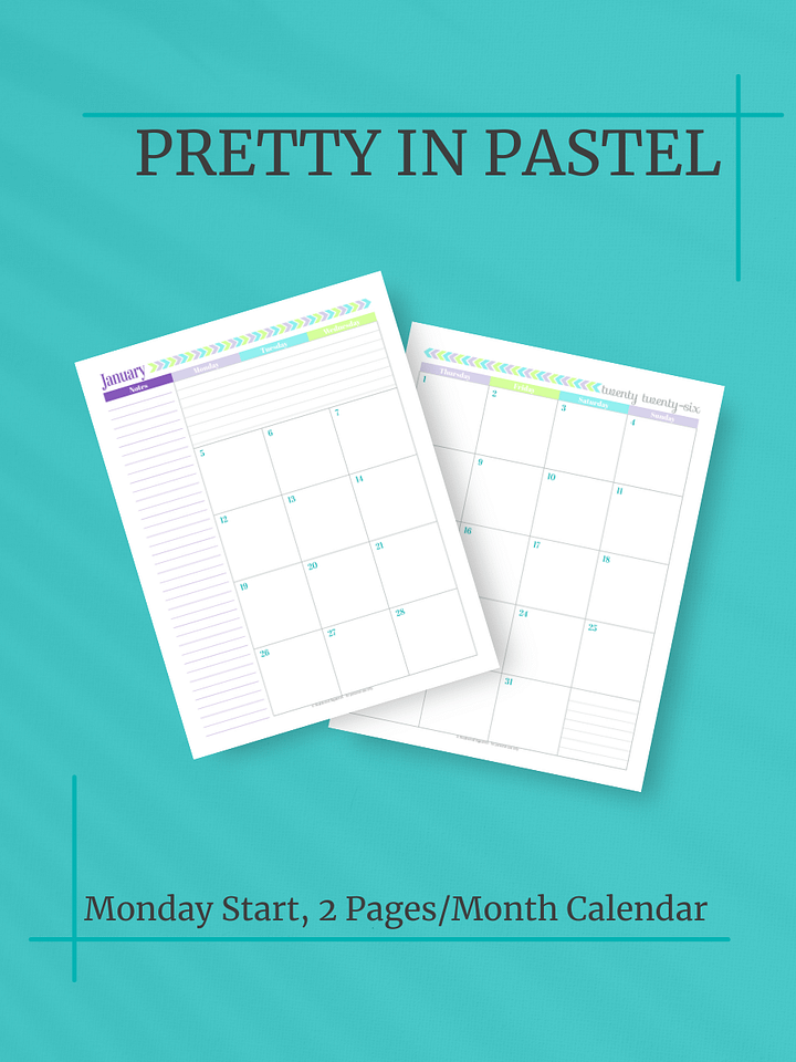 Pretty in Pastel 2026 Calendar - 2 Pages per Month, Monday Start, Letter Size product image (1)