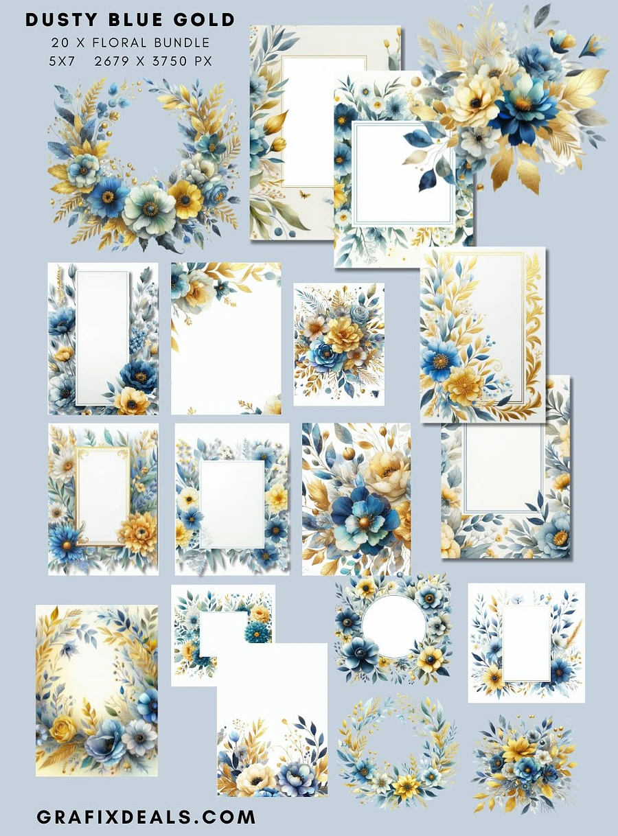 Dusty Blue Yellow Gold Floral Graphics Commercial POD Use + FREE Design Guide product image (1)