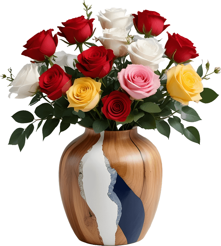 Wood and Navy Cracked Resin Vase with Multicolor Roses PNG product image (1)