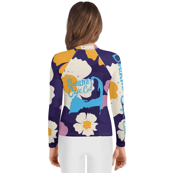 Girls' | YOUTH | Rash Guard | BRN.2C.C.™ Front Graphic | BOURNE to Cape Cod™ Sleeve & Back Logo | Coastal Swim Shirt for Kids | UV Protection Activewear | Blue Logo | Bold Purple Floral product image (2)