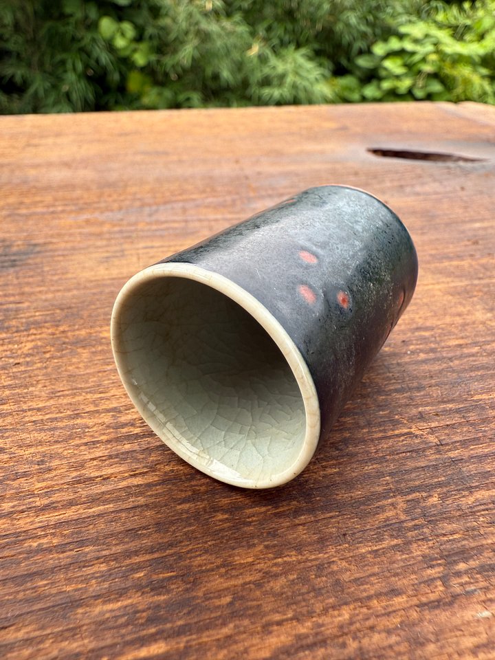 🎎 Japanese Kutani Ceramic Guinomi Sake Cup – Black Glaze with Red Accents – Japan Antique Roadshow product image (2)