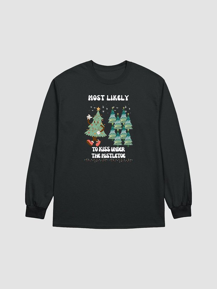 Festive Most Likely to Kiss Under the Mistletoe Merry Retro Christmas Tree Long Sleeve Tee product image (1)