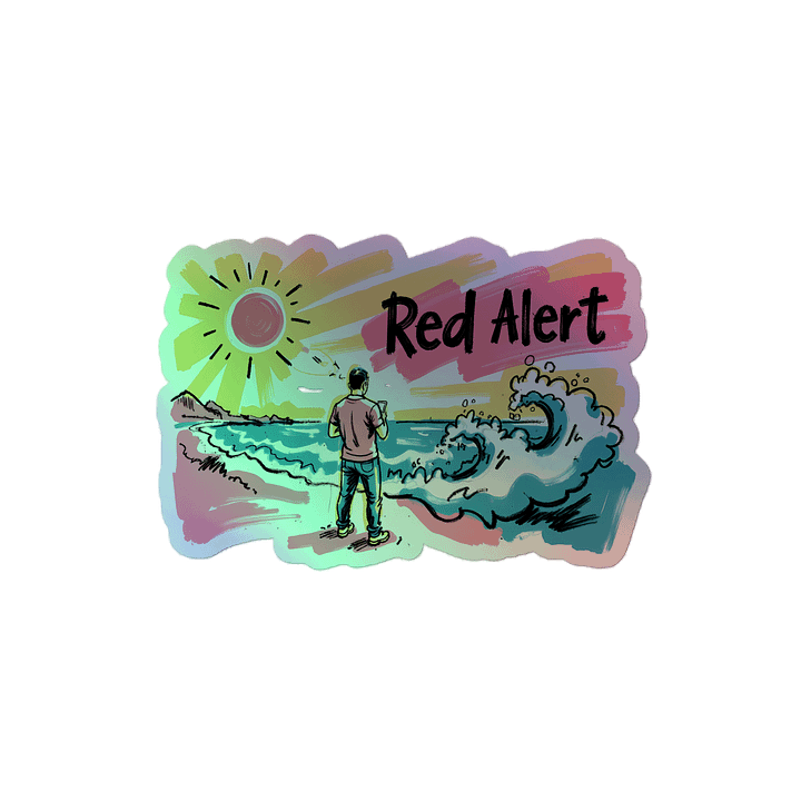 Red Alert Beach Art Print – Sunset Danger Warning Holographic Sticker product image (2)