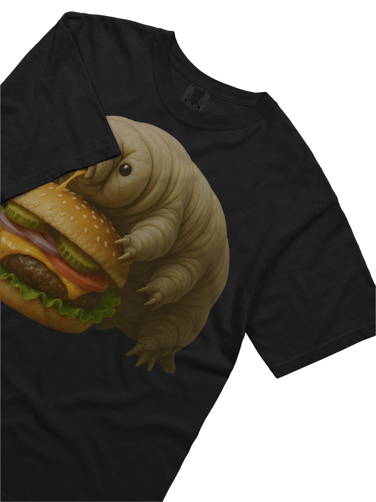 A photoreal tardigrade devours a cheeseburger — bold science-art on a comfy black tee product image (5)