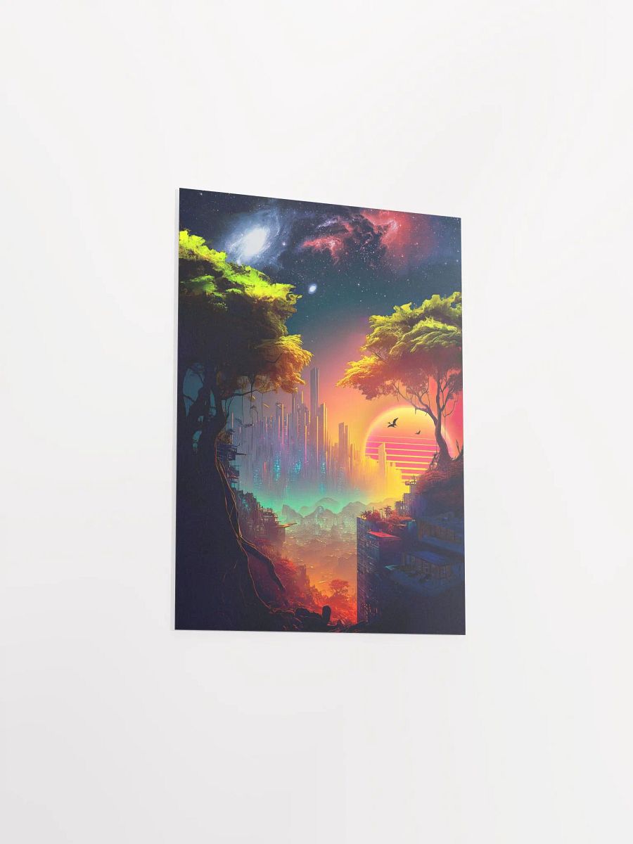 Synthwave cyberpunk city in a forest — surreal space collage art, futuristic sci-fi collage product image (8)