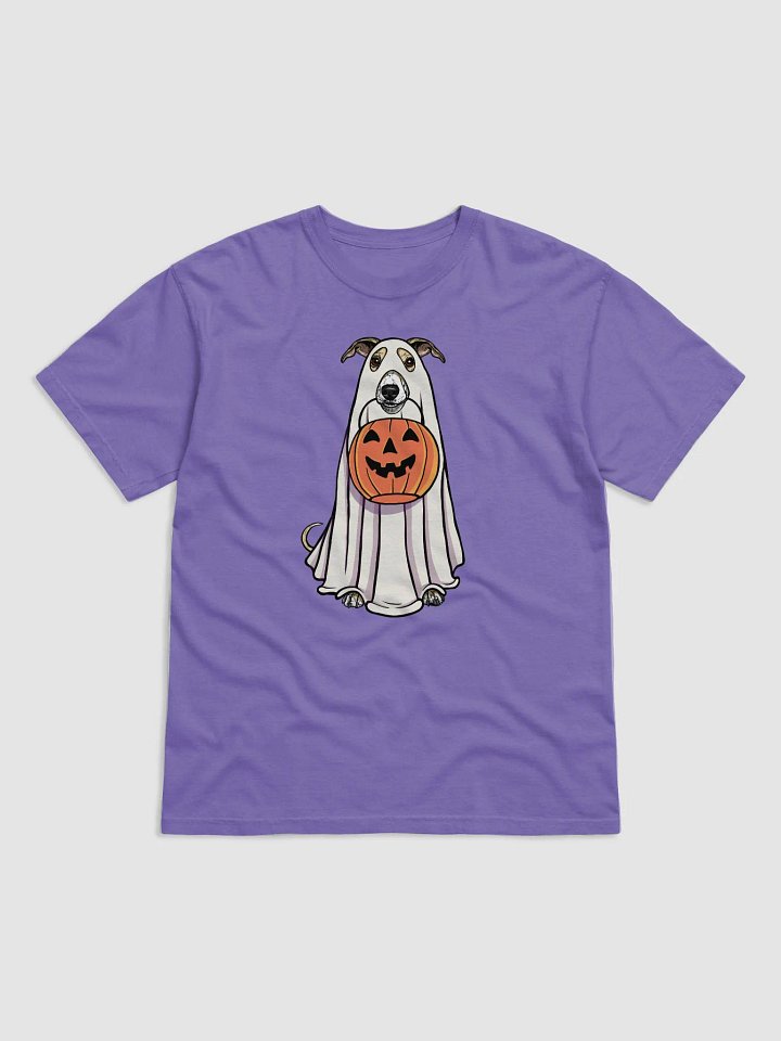 Funny Halloween Whippet(Fawn & White) T-Shirt | Funny Dog Wearing a Ghost Costume and Holding a Pumpkin Basket product image (1)