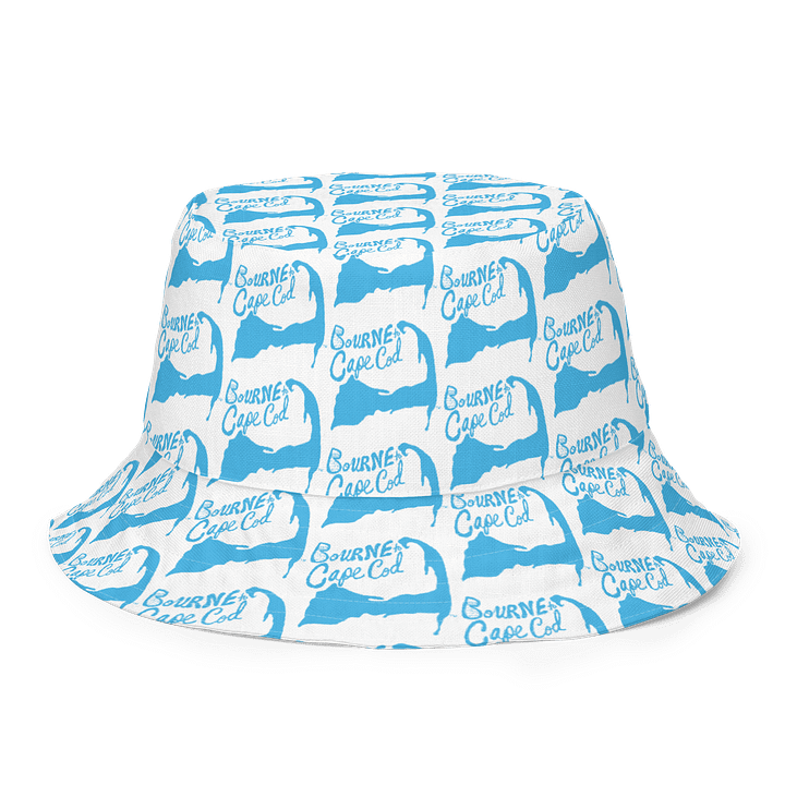 Adults Unisex | Reversible Bucket Hat – BOURNE to Cape Cod™ x BRN.2C.C.™ All-Over Logo Print | Coastal Style Sun Hat | Deep Sky Blue & White product image (1)