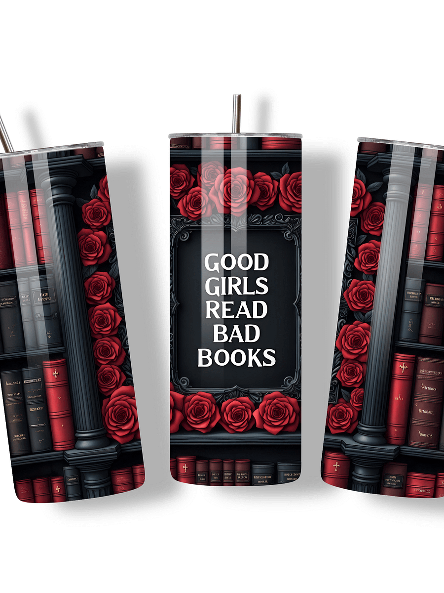 Goth 20oz Skinny Tumbler with Metal Straw – Elegant Red Rose and Library Design – Double-Walled Insulated Stainless Steel Tumbler for Hot & Cold Drinks, Gift for Goth Book Lover product image (4)