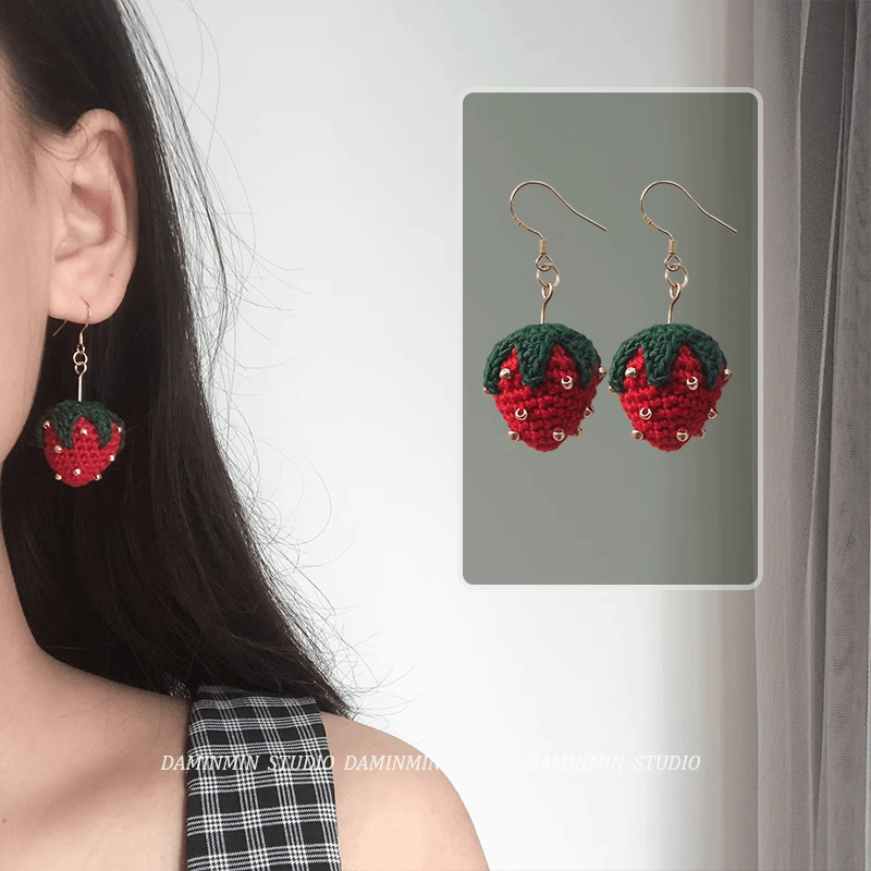 Tiny Strawberry Earrings – Micro Crochet with Beads | Choose Clip-On or Pierced product image (4)