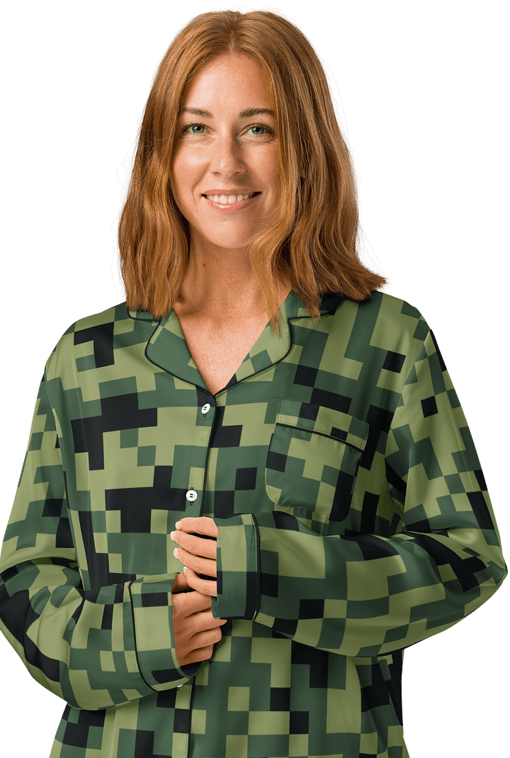Military Green Camouflage Pixels Camo Pattern Women's Long Sleeve Pajama Top product image (1)