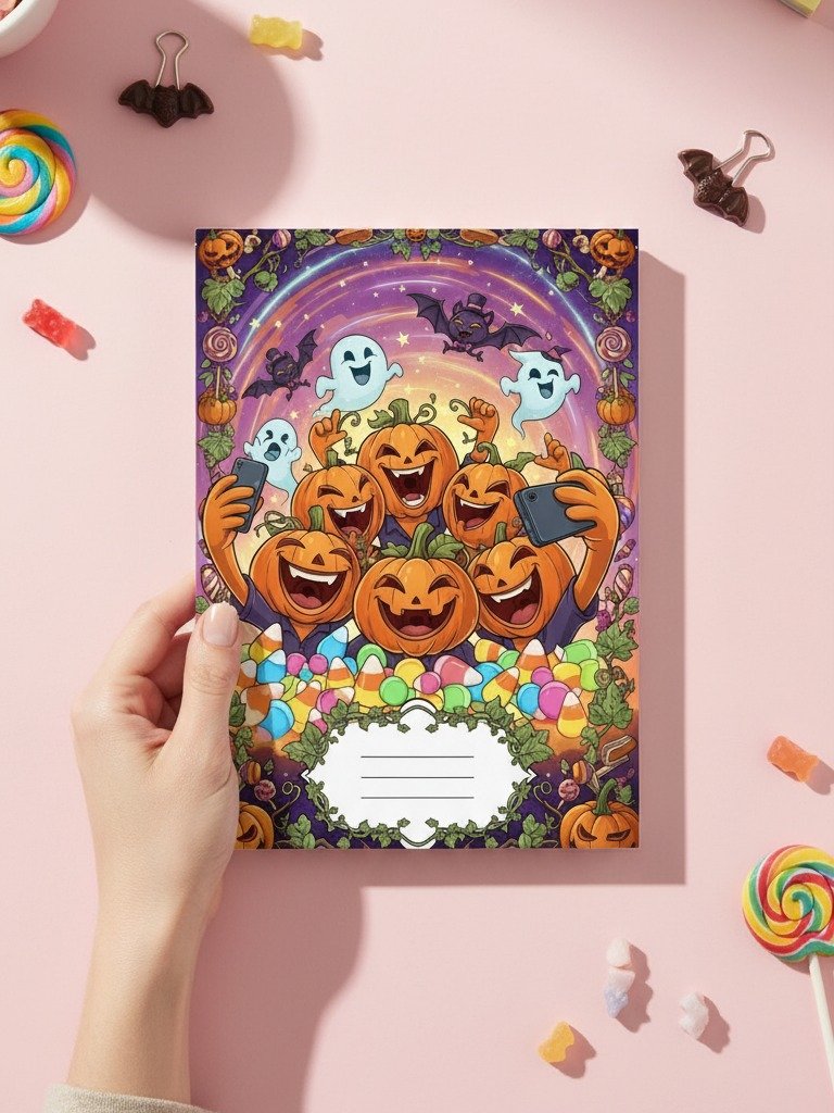 Spooky Selfie Squad Halloween Digital Notebook Cover | Printable Planner & Journal Cover | Fun Pumpkin Ghost Bat Design | Instant Download product image (3)