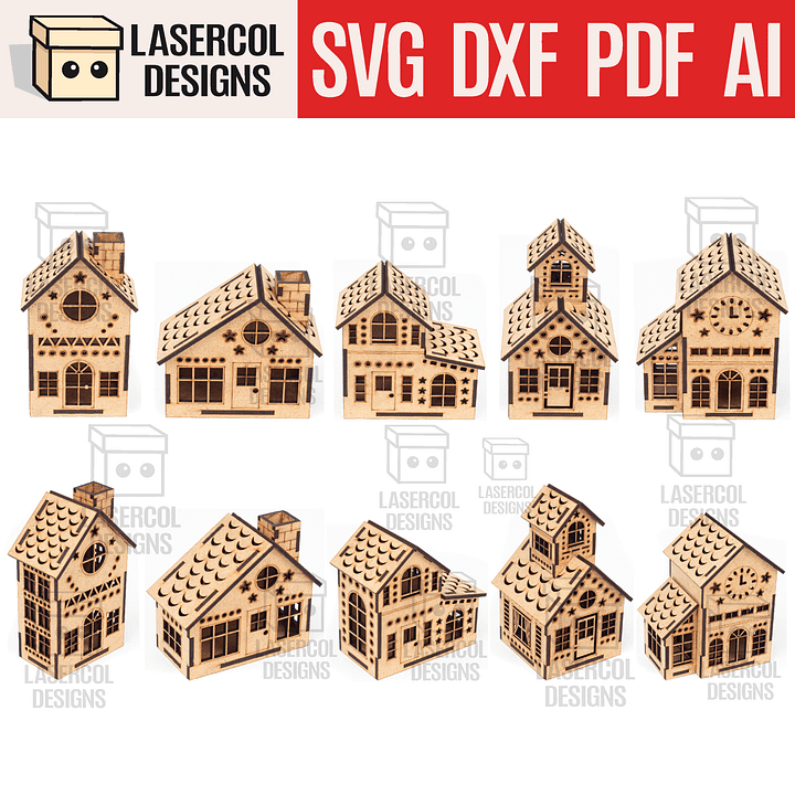 Christmas Houses Set 1 (5 Styles) - Laser Cut Files product image (1)