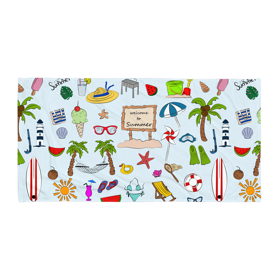 Welcome to Summer Beach Towel – Fun Illustrated Print, Soft Cotton Terry Back product image (1)