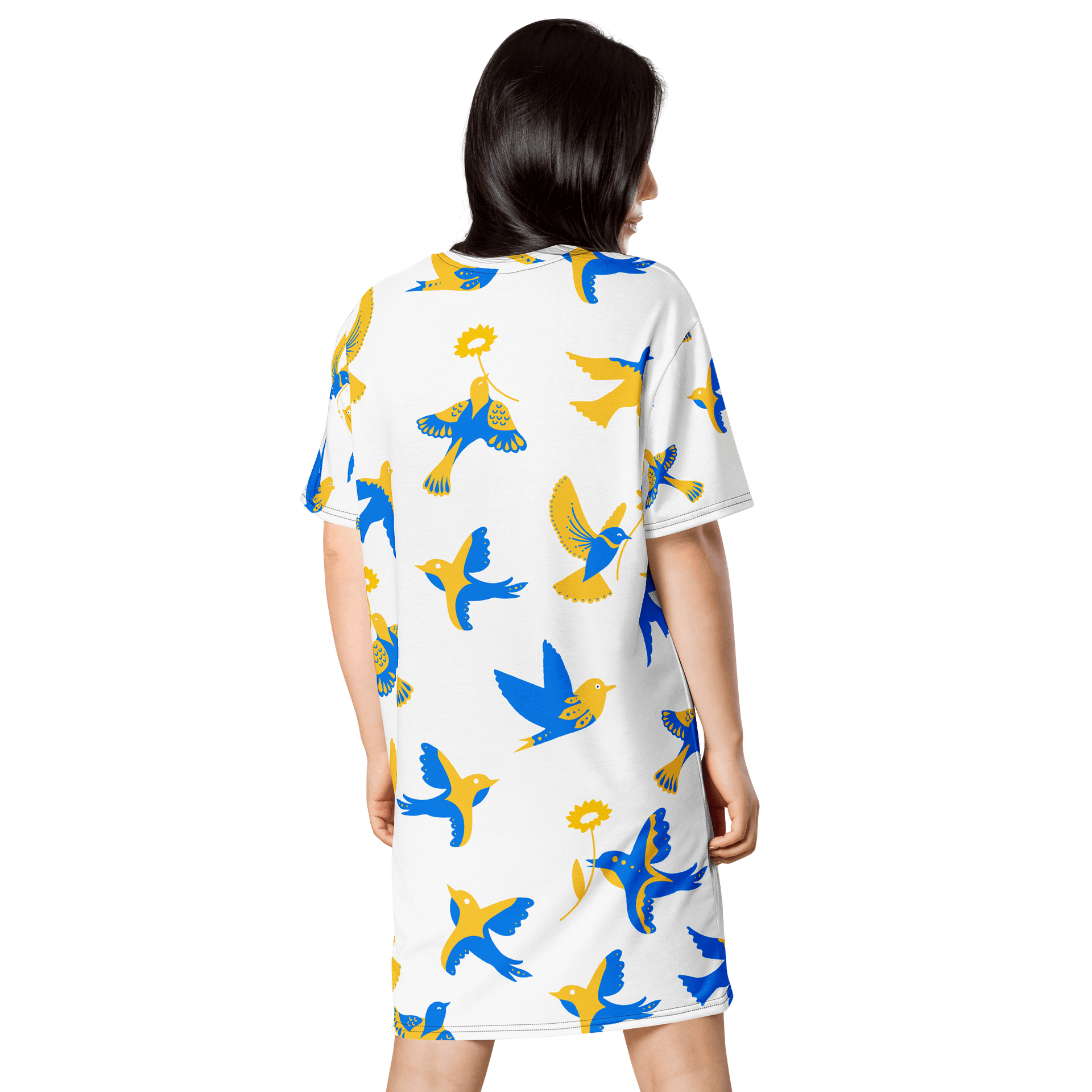 TDS Women's Oversized Bird & Flower T-Shirt Dress - Blue & Yellow product image (2)