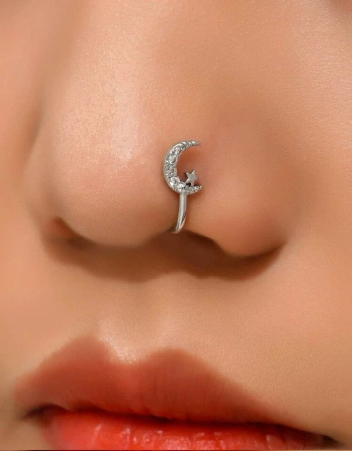 DECOR SILVER MOON RHINESTONE NON-PIERCED NOSE RING product image (1)