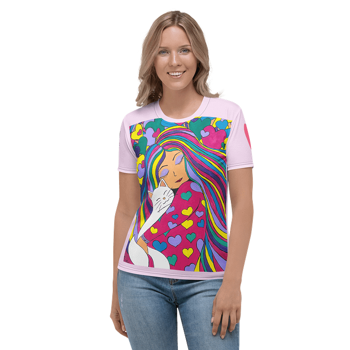 Girl with the cat (art by Dina R.) acrylic painting picture - Womens Crew Neck T-Shirt product image (2)