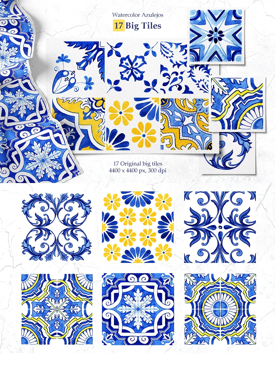 Portuguese Azulejos Tiles & Patterns Watercolor Clipart and Seamless Patterns BUNDLE product image (3)