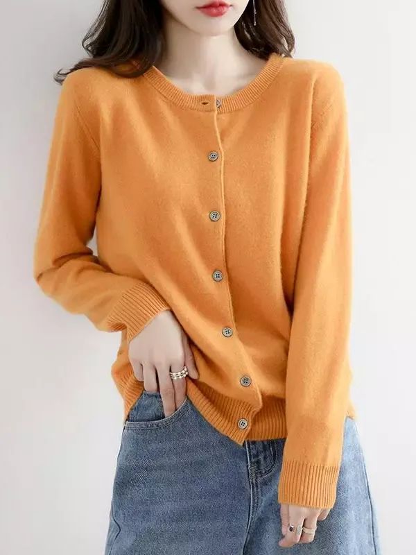 Women's Cashmere Blend Cardigan Sweater Solid Color Simple Crew Neck Jacket Coat product image (5)