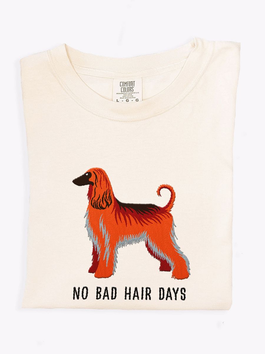 No Bad Hair Days T-Shirt(Embroidered) of an Afghan Hound(Red) product image (1)