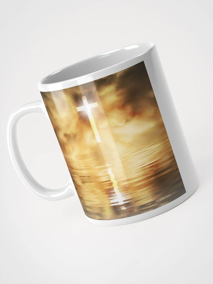 Glowing cross illuminated by intense golden light & a cross surrounded by a heavenly scene, with rays of light shining through soft clouds in a bright blue sky Mug product image (4)