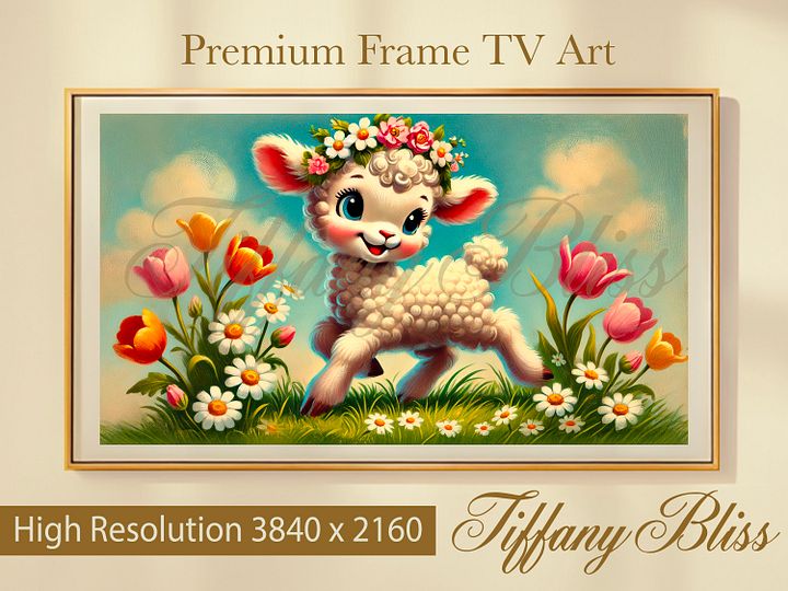 Spring Frame TV Art, Lamb and Flowers Painting, Country, Cute Easter Decor, Digital Download product image (1)