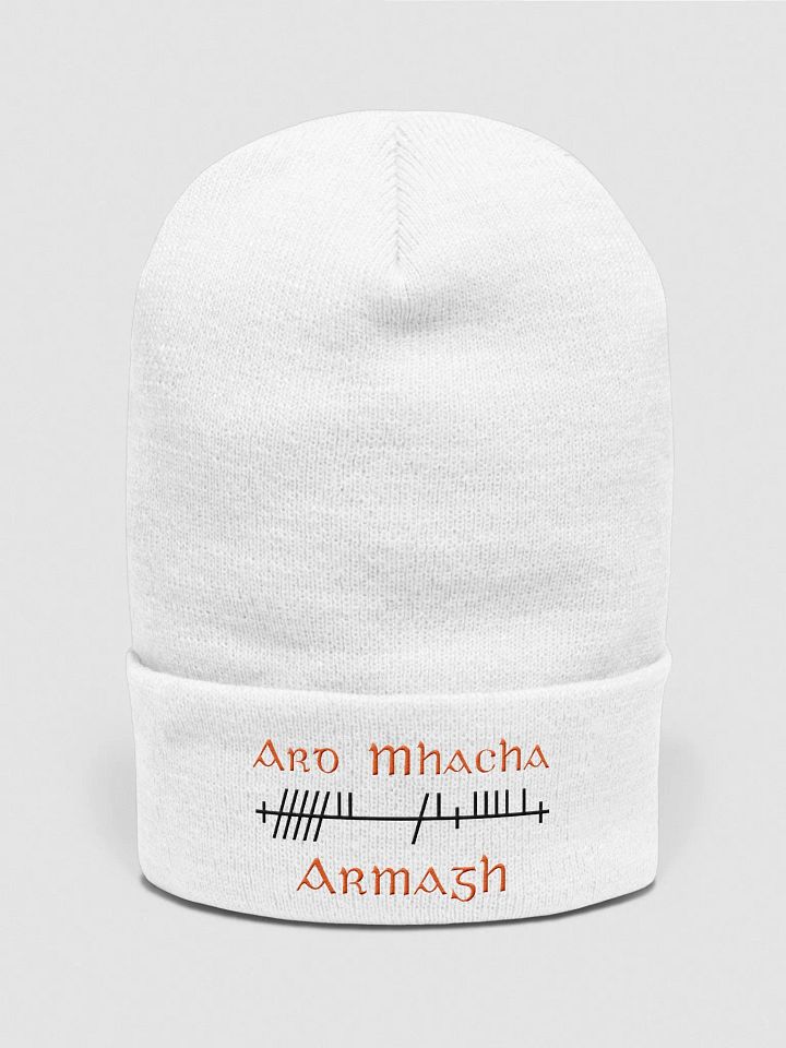 Armagh/Ard Mhacha Orthodox Style Ogham, white with Tangerine and Black, embroidered cuffed Beanie product image (1)