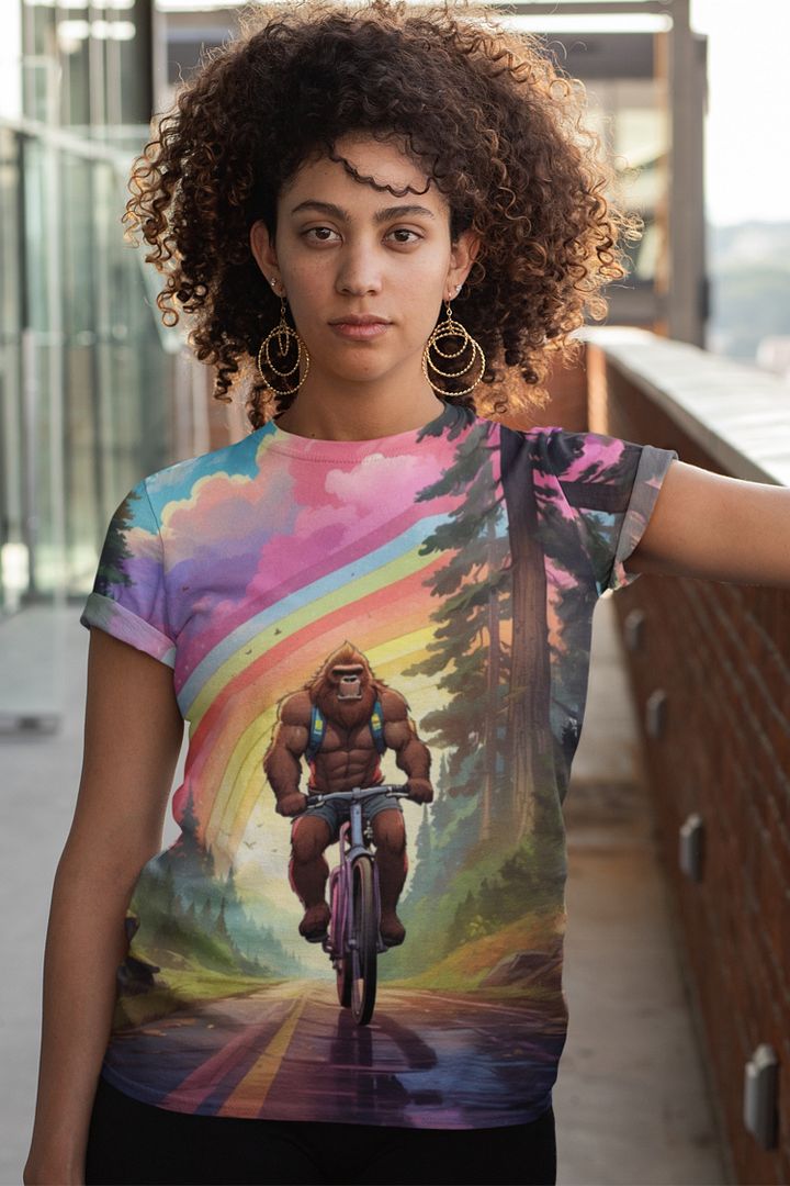 Bigfoot Riding a Bicycle All Over Print T-shirt product image (1)