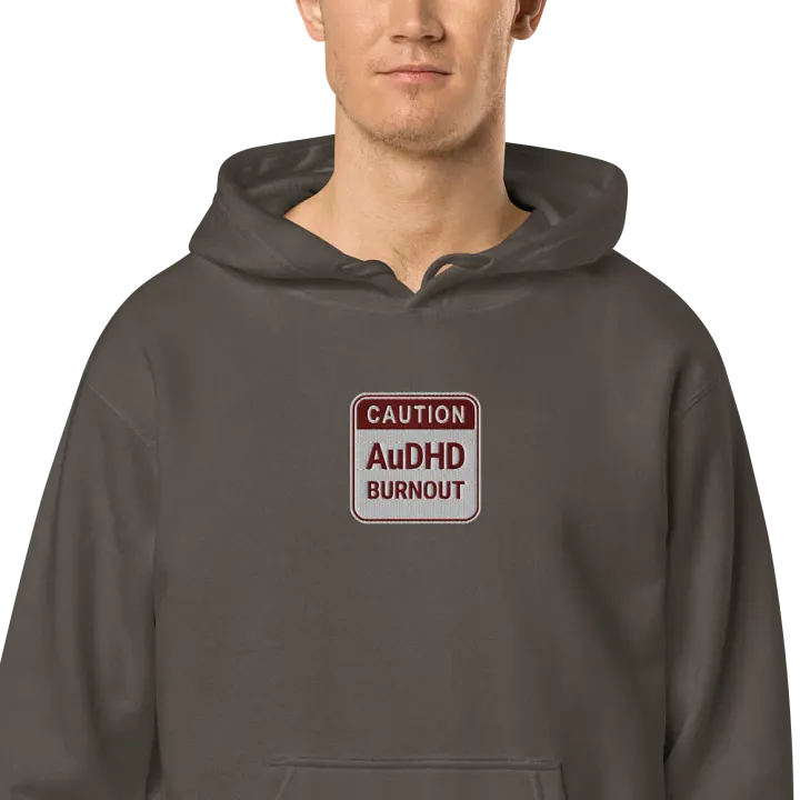 CAUTION: AuDHD BURNOUT embroidered pigment hoodie (maroon design) product image (2)