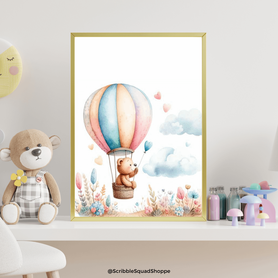 Whimsical Hot Air Balloon Teddy Bear Digital Wall Art - Nursery Decor, Playful Kids' Room Artwork product image (2)