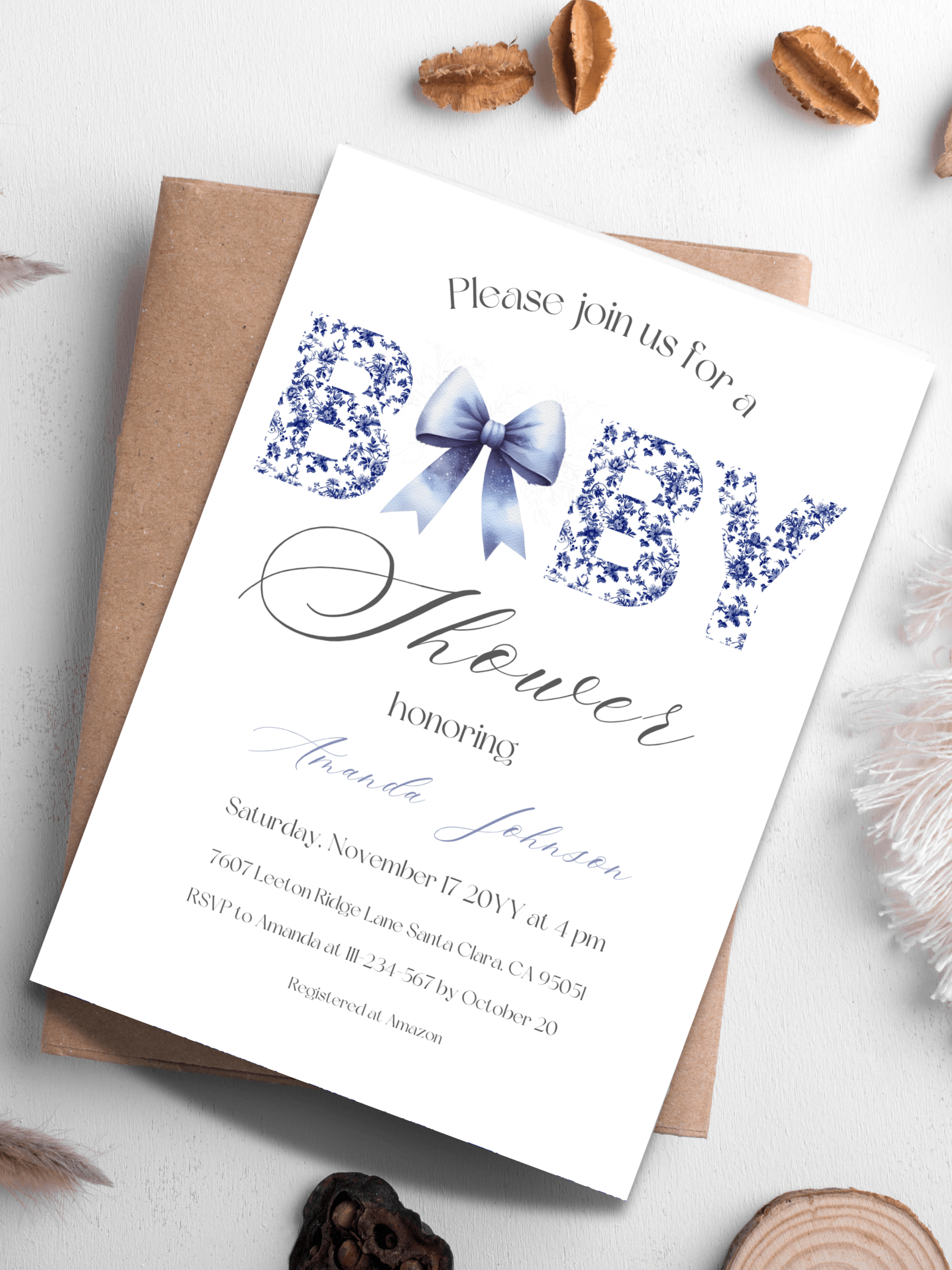 Minimalist Blue Toile de Jouy and Bow Baby Shower Invitation, Chinoiserie Floral Theme, Boy Baby Shower Invite for Digital Download product image (1)
