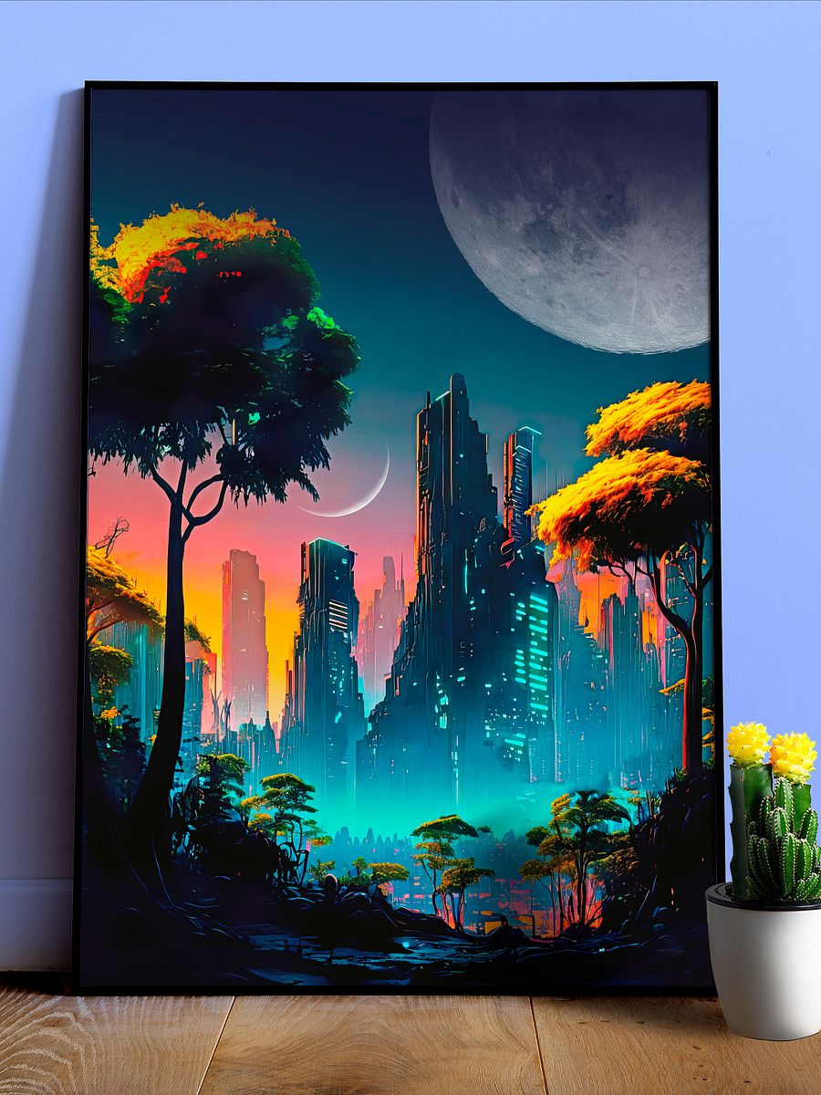 Neon cyberpunk city in a forest with Moons — surreal space collage art, futuristic sci-fi collage product image (1)