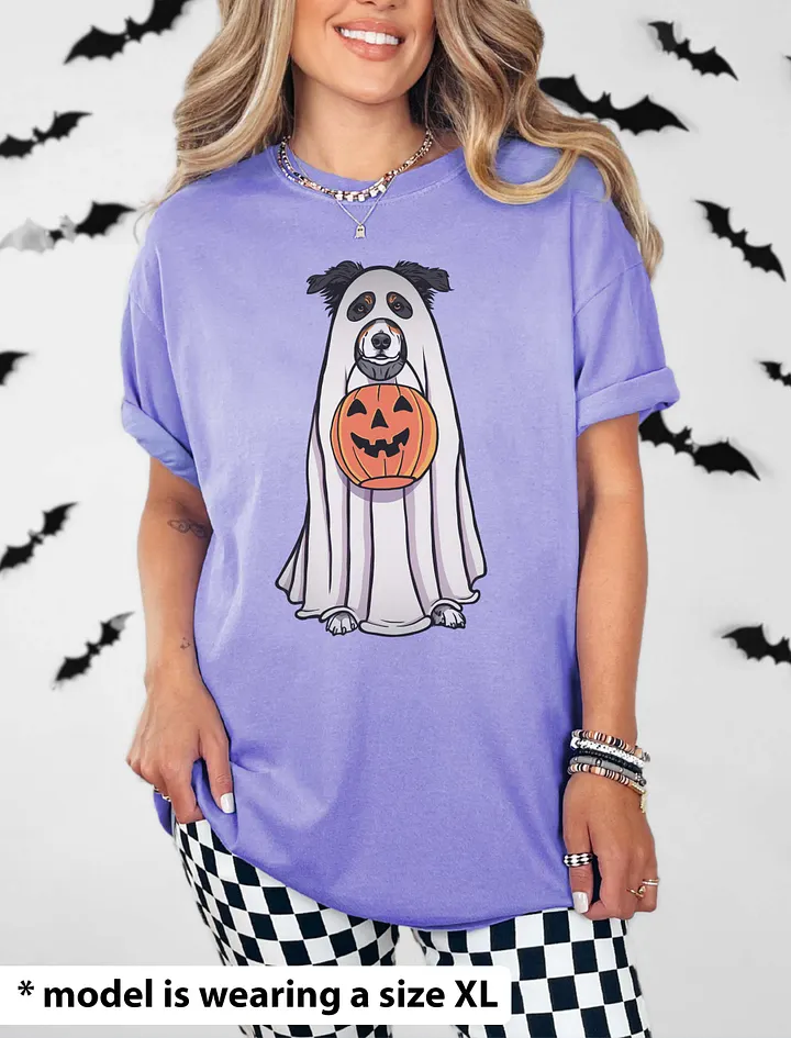 Funny Halloween Australian Shepherd(Tricolor)T-Shirt | Funny Aussie Wearing a Ghost Costume and Holding a Pumpkin Basket product image (20)