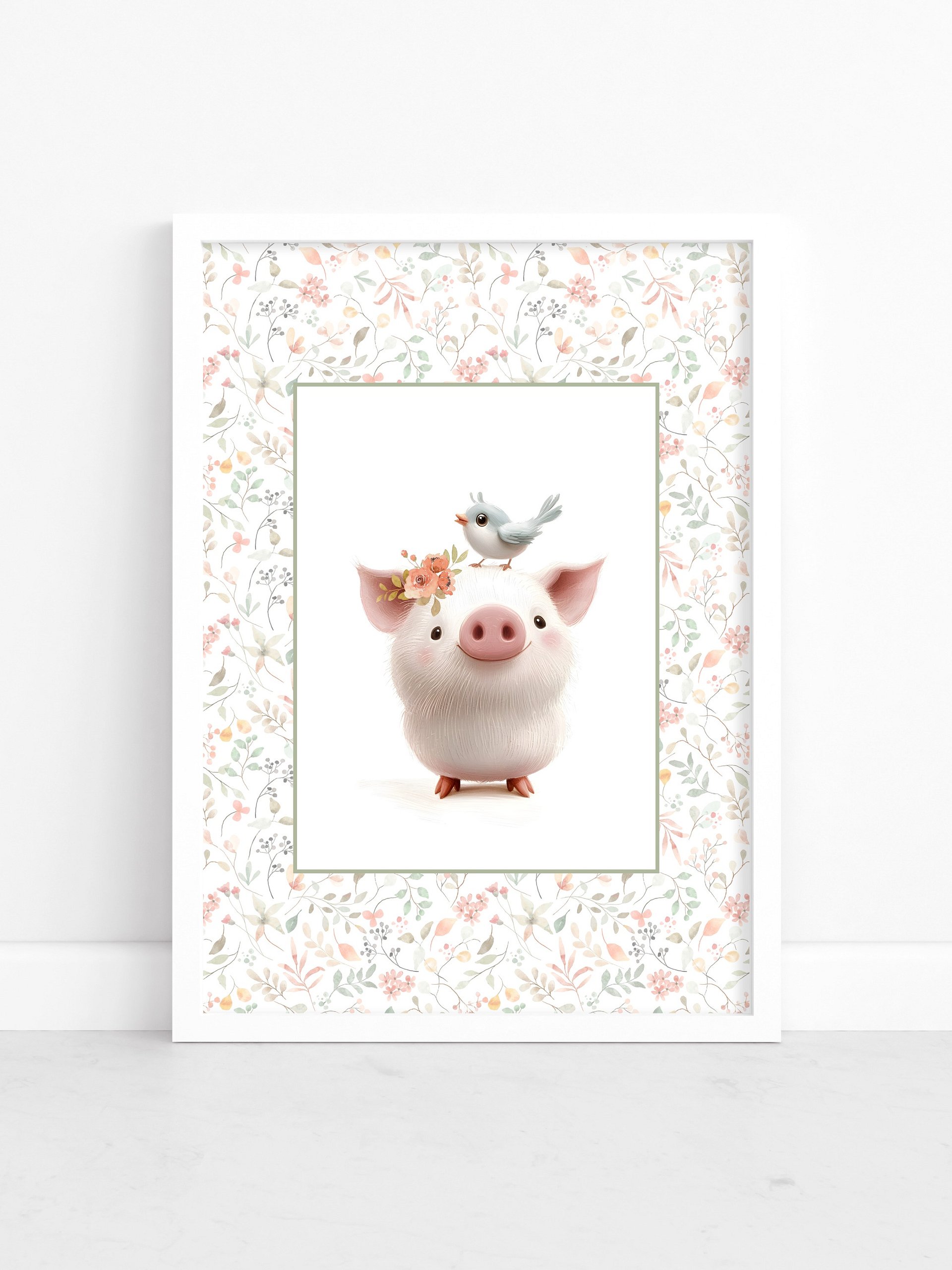 Cute Pig and Watercolor Floral Print product image (1)