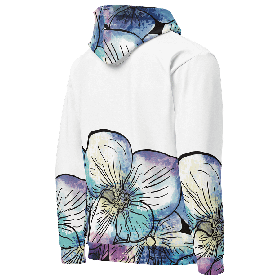 🌸 Coastal Bloom | Hydrangeas on White Hoodie | Monique Faella Designs™ | Unisex Floral Sweatshirt | Artful Botanical Fashion product image (5)
