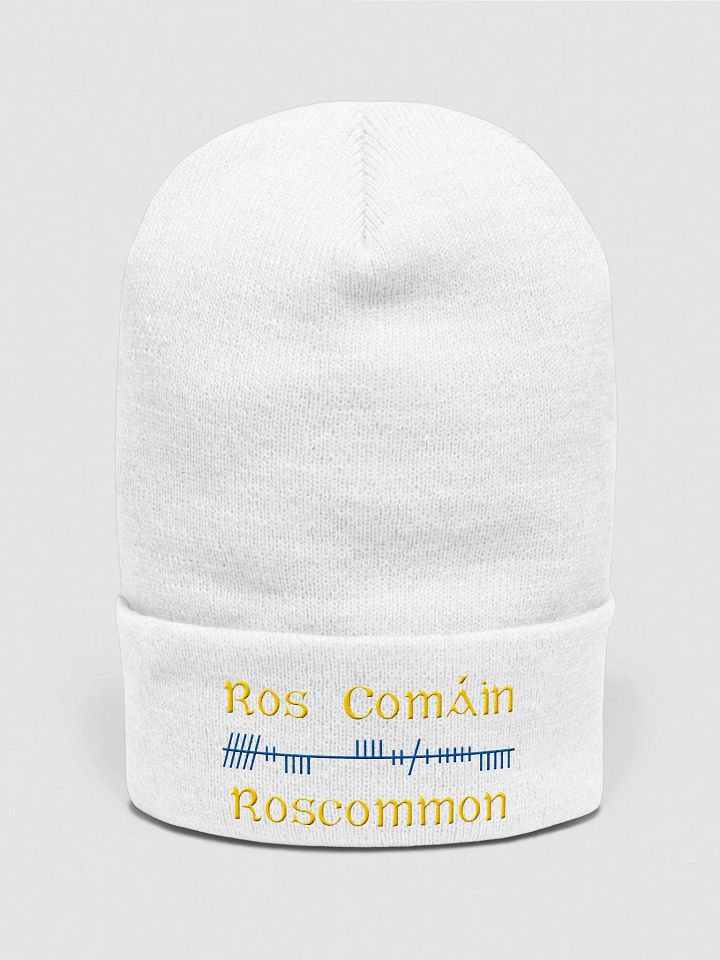 Roscommon/Ros Comáin Orthodox style Ogham, yellow and blue, embroidered Cuffed Beanie product image (1)