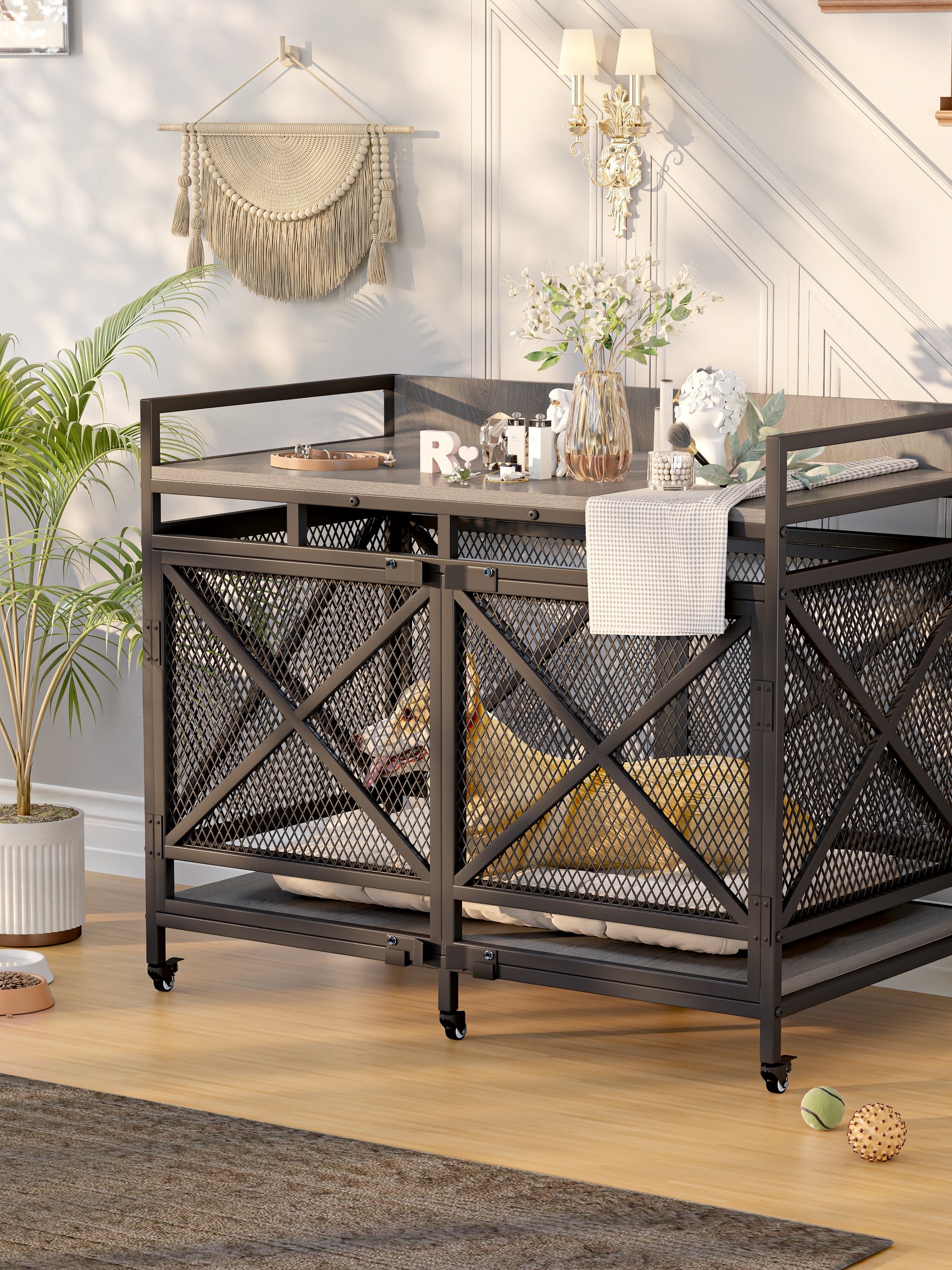 48 inch Dog Crate Furniture for Large Breeds (Up to 90 lb), Wooden & Steel, 360° Casters, Waterproof Top, Steel Lock,Textured Gray product image (12)