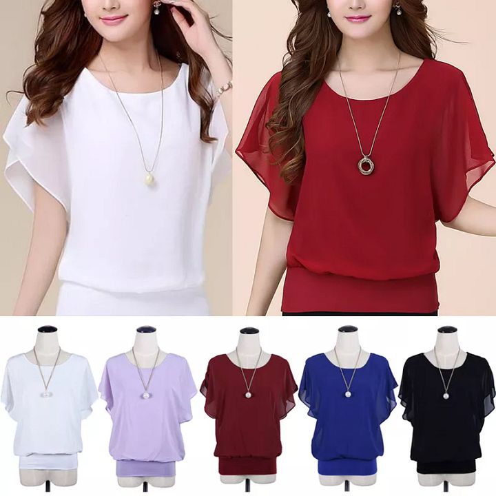 Women Batwing Short Sleeve Chiffon Shirt Summer Tops Loose Blouse Fall Polyester product image (1)