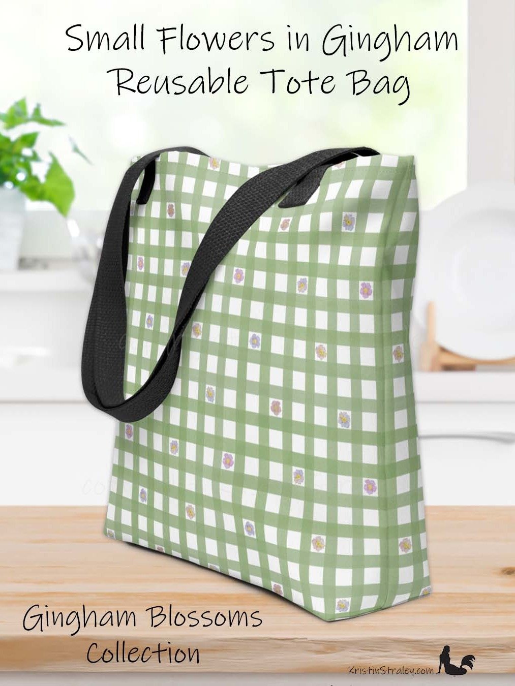 Gingham Blossoms - Small Flowers in Green Gingham Tote Bag product image (1)