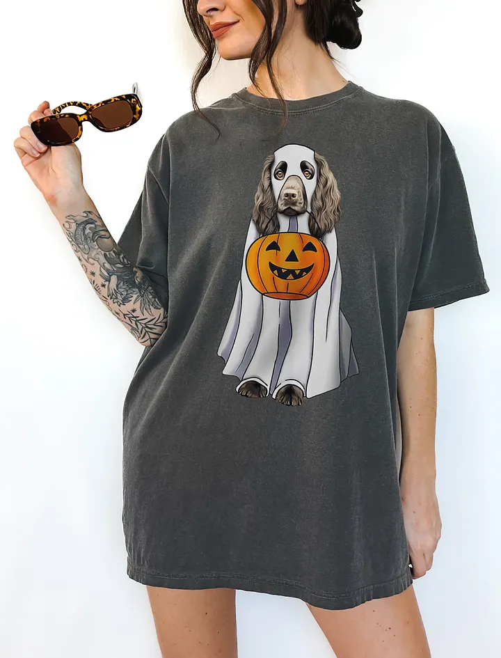 Boykin Spaniel Halloween Tee | Funny Fall Halloween Boykin Spaniel Wearing a Ghost Costume with Pumpkin Basket product image (6)