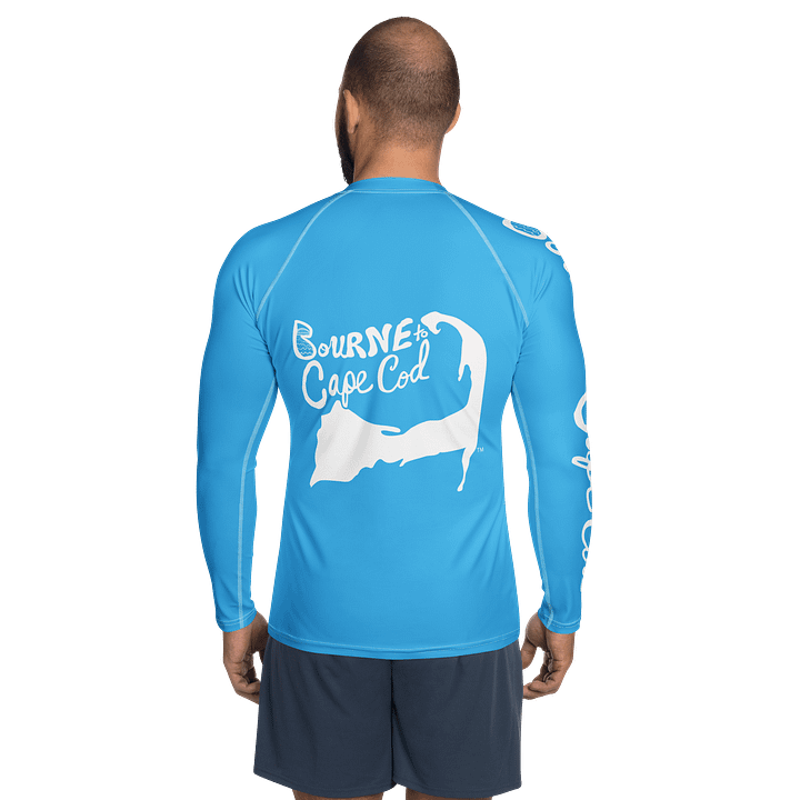 BRN.2C.C.™ /BOURNE to Cape Cod™ | Men’s Long Sleeve Rash Guard | UPF 50+ Active Coastal Shirt | White Logos on Deep Sky Blue product image (2)