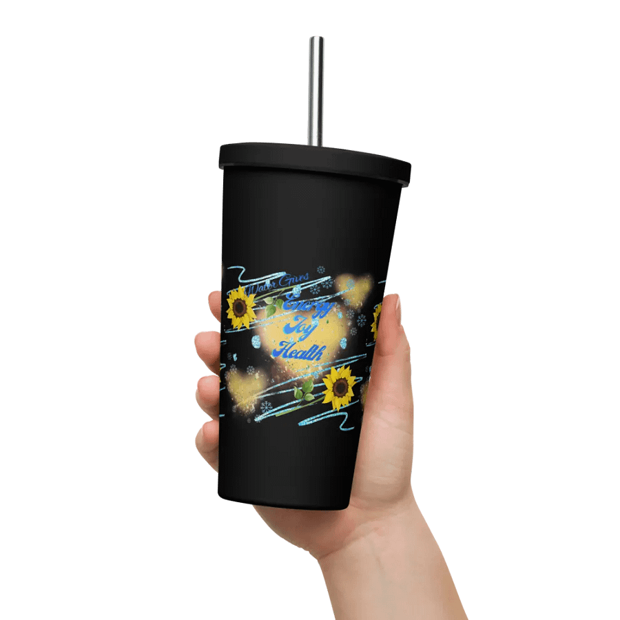 Insulated Tumbler with straw with beautiful swirly  water drop splash and drops design, featuring ‘This water gives Harmony in Body and Mind