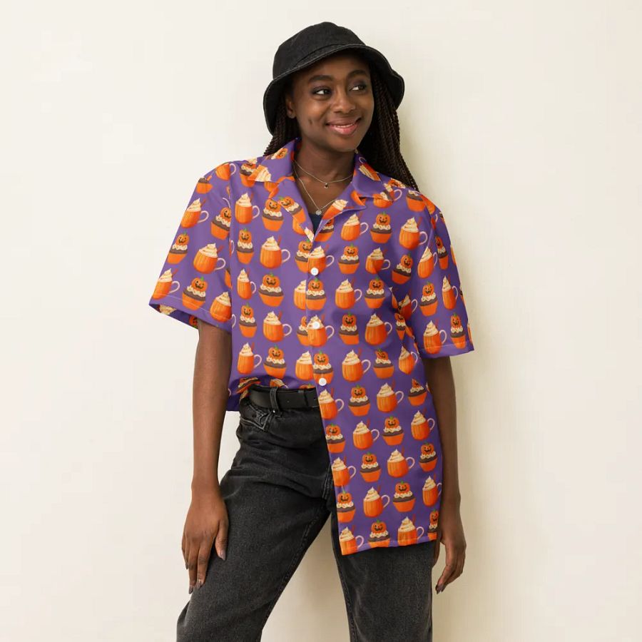 Halloween tea party pumpkin cupcake pumpkin spice latte Unisex Hawaiian Button Shirt product image (6)