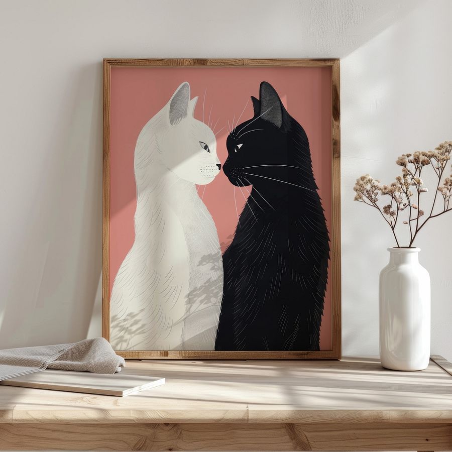 Lover Cats ~ Yin& Yang Valentine Felines Pastel Pink Art Print product image (23)